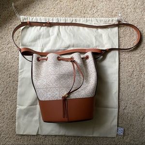 Brand New Loewe Balloon medium leather-trimmed cotton-jacquard bucket bag